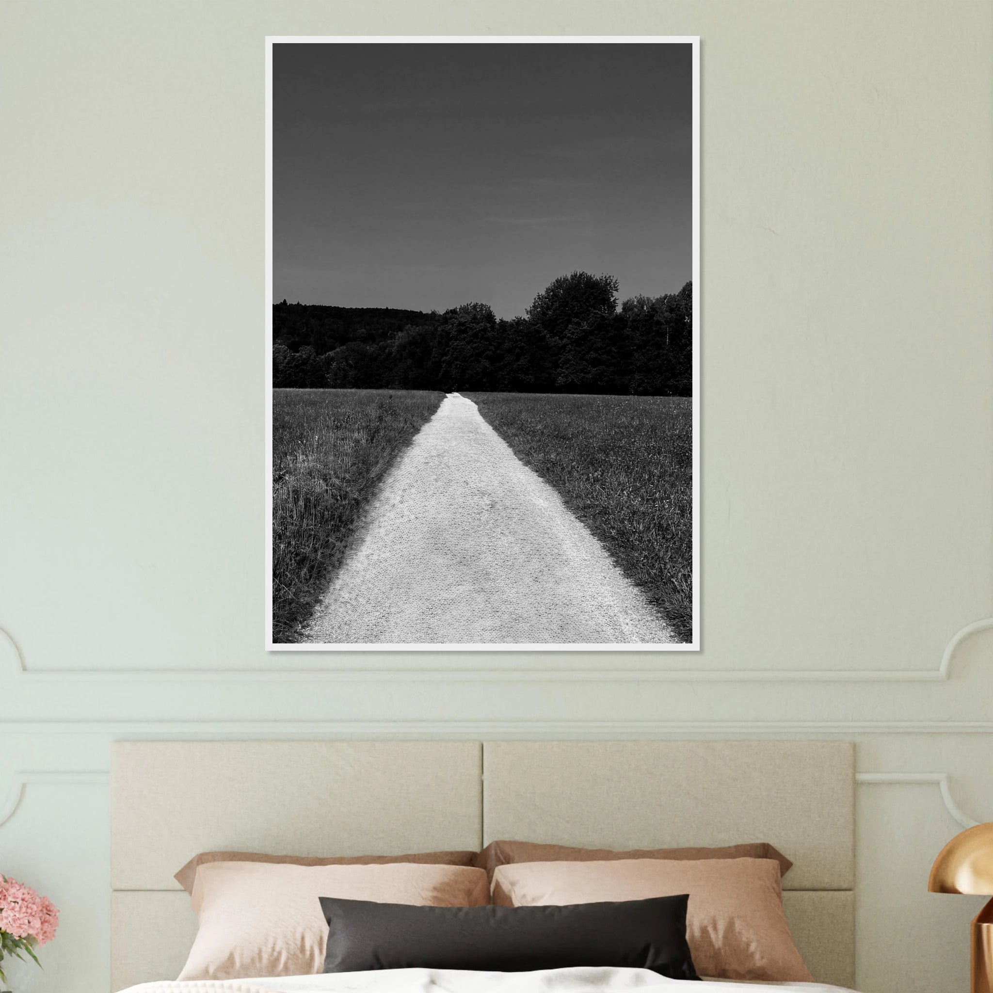 Black and white framed poster of a summer road scene from the Travel Collection on premium semi-glossy paper, 15x20 cm print.