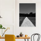 Black and white framed poster of a summer road scene, printed on premium semi-glossy paper, part of the Travel Collection.