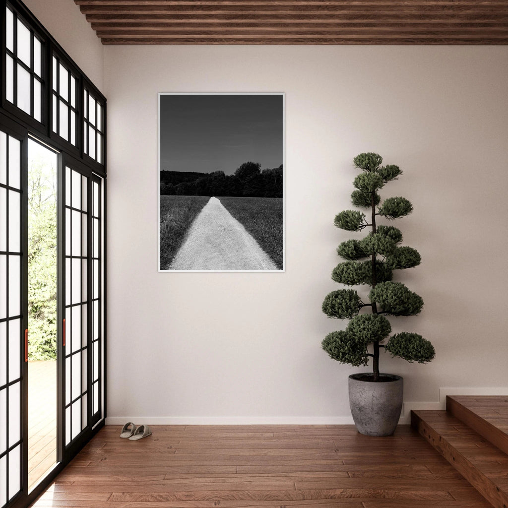 Black and white framed poster of a summer road scene, printed on premium semi-glossy paper, part of the Travel Collection studio edition.