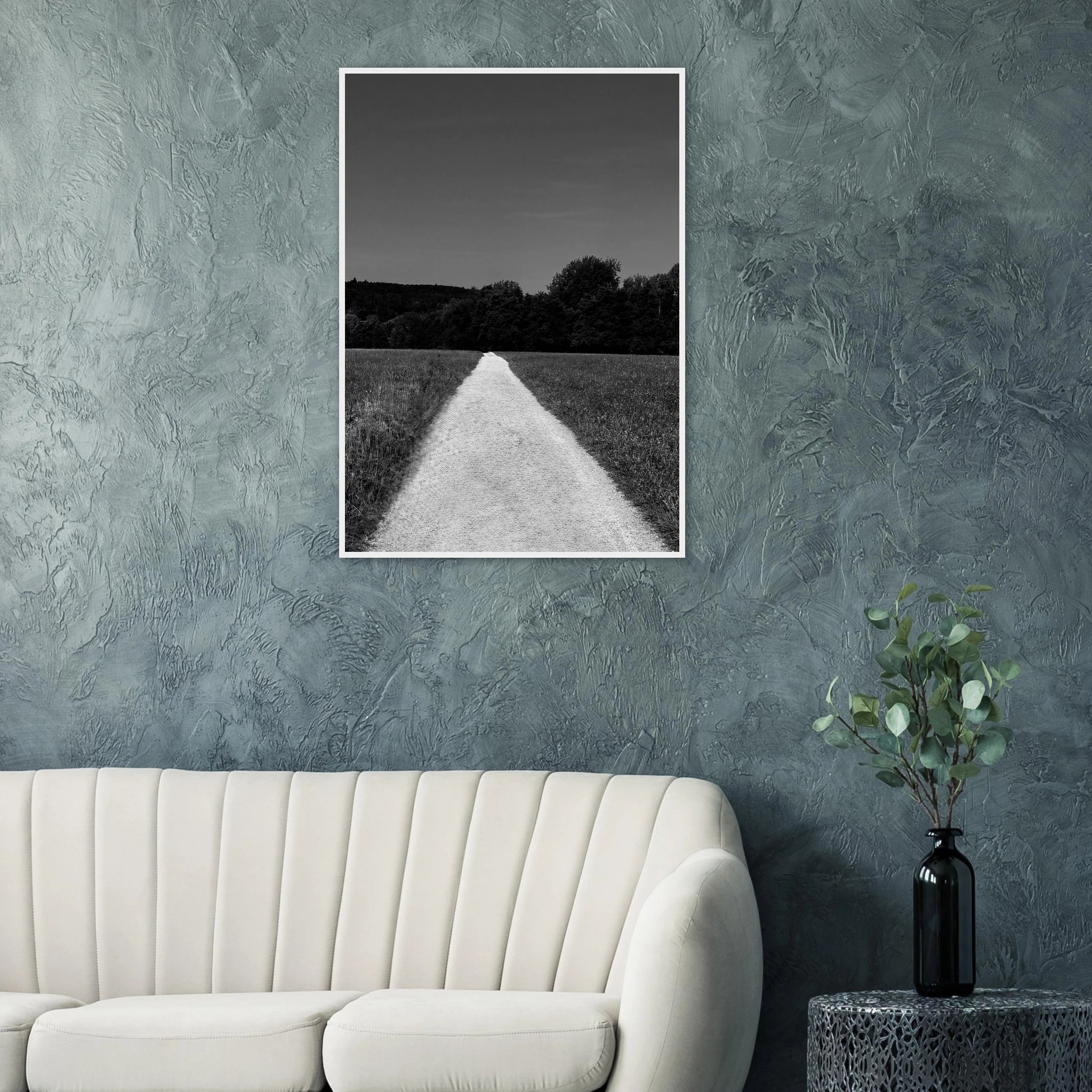 Black and white framed poster of a summer road scene on semi-glossy paper, part of the Travel Collection Studio Edition.
