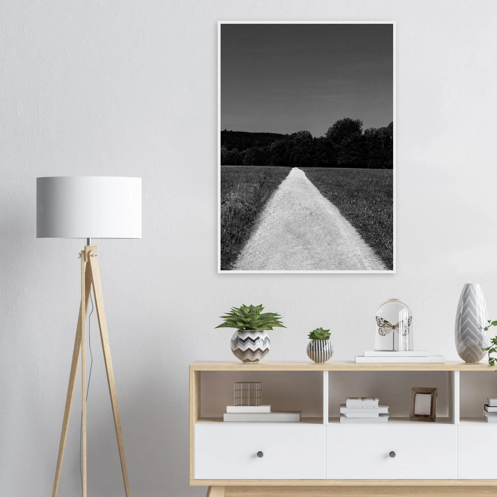 Black and white framed poster of a summer road scene from the Travel Collection on premium semi-glossy paper, 15x20 cm size.