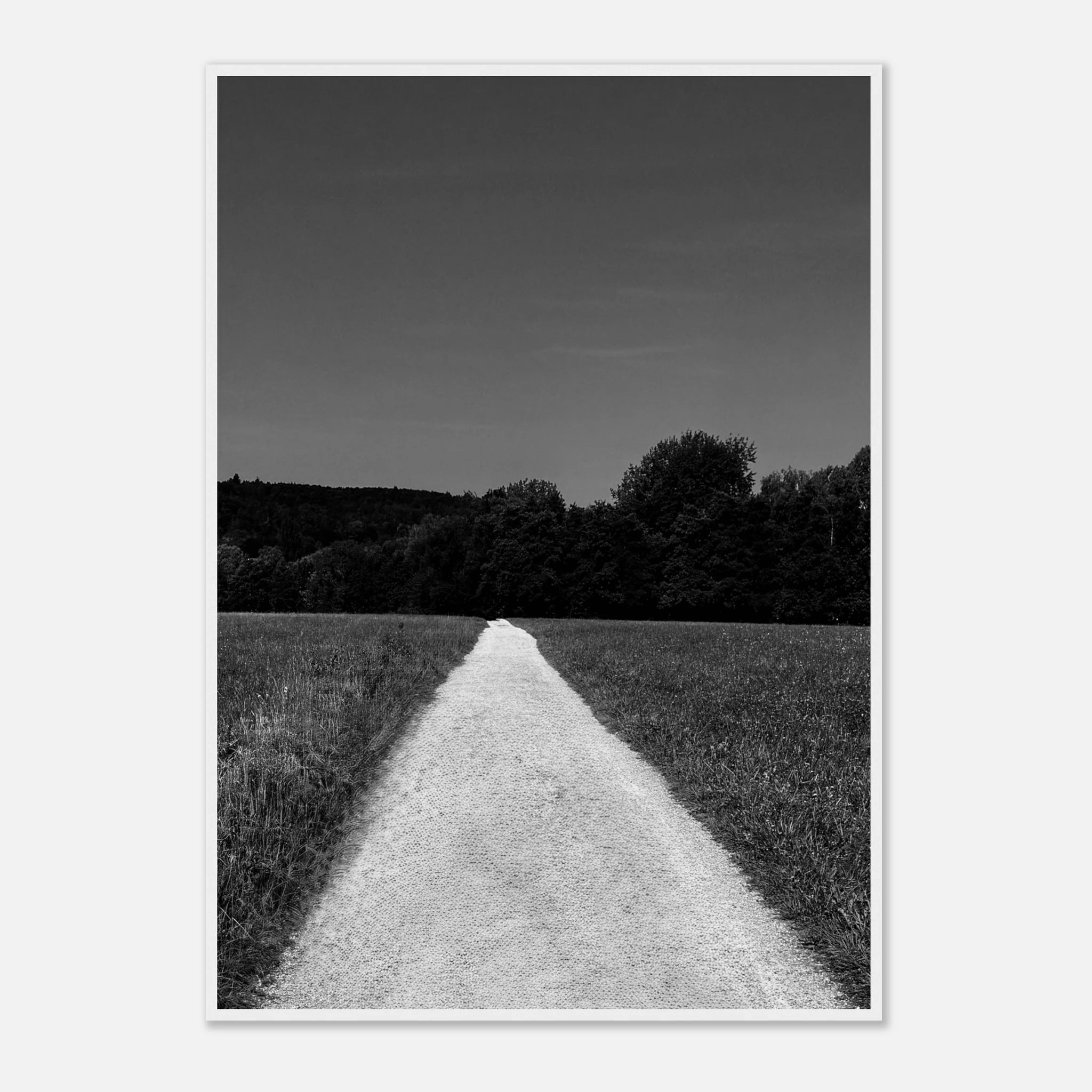Black and white framed poster of a summer road scene on premium semi-glossy paper, part of the Travel Collection Studio Edition.