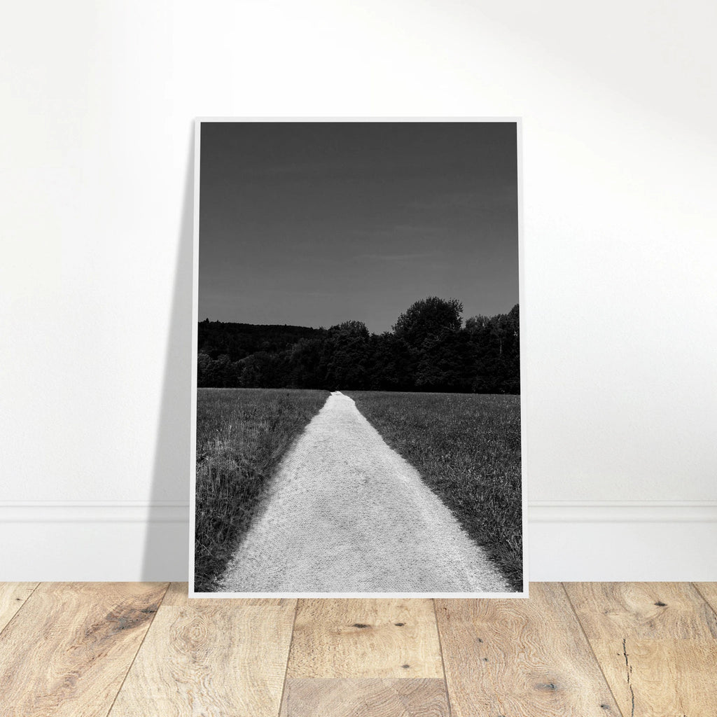 Black and white wooden framed poster of a summer road scene, printed on premium semi-glossy paper, from the Travel Collection.