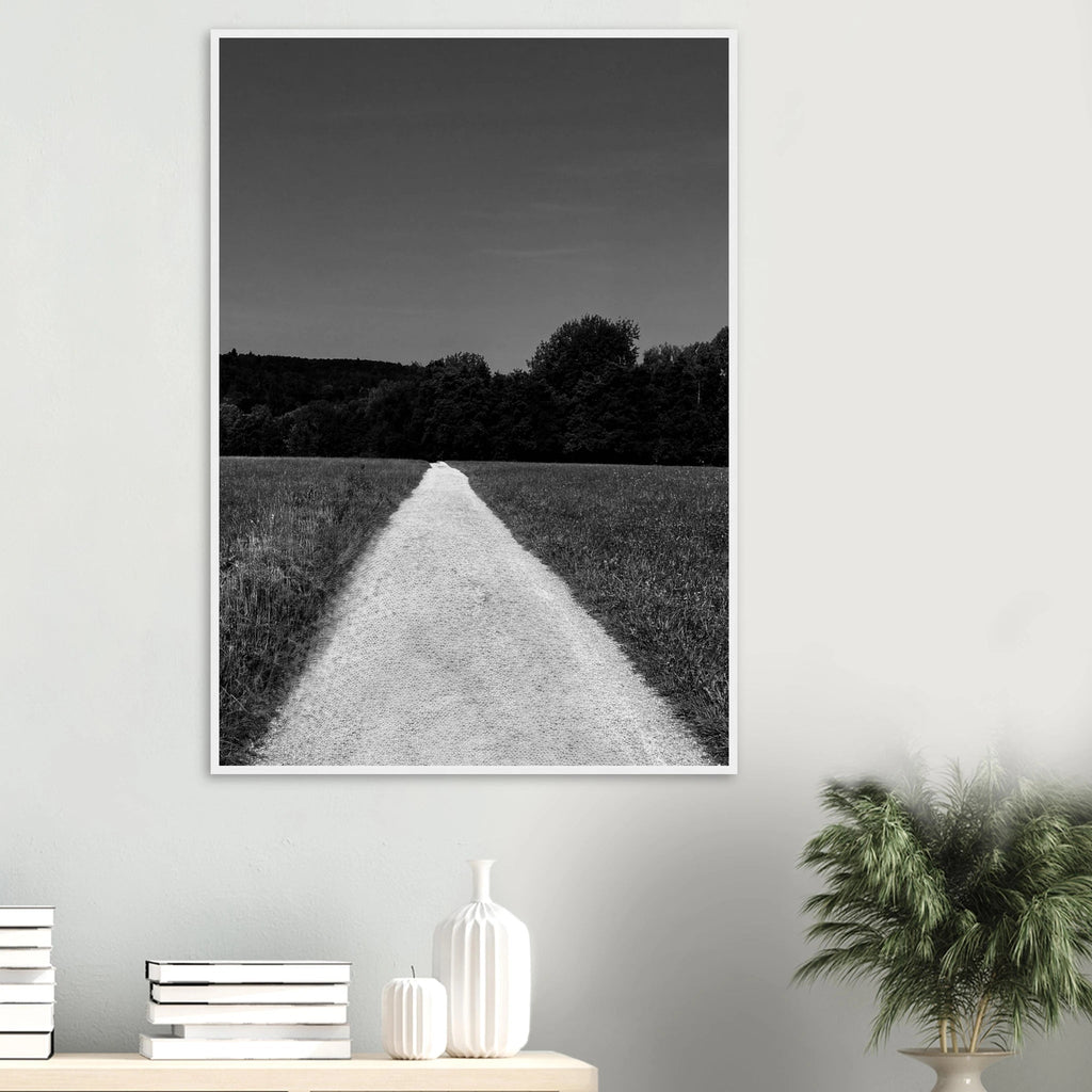 Black and white framed poster featuring a summer road scene on premium semi-glossy paper, part of the travel collection.