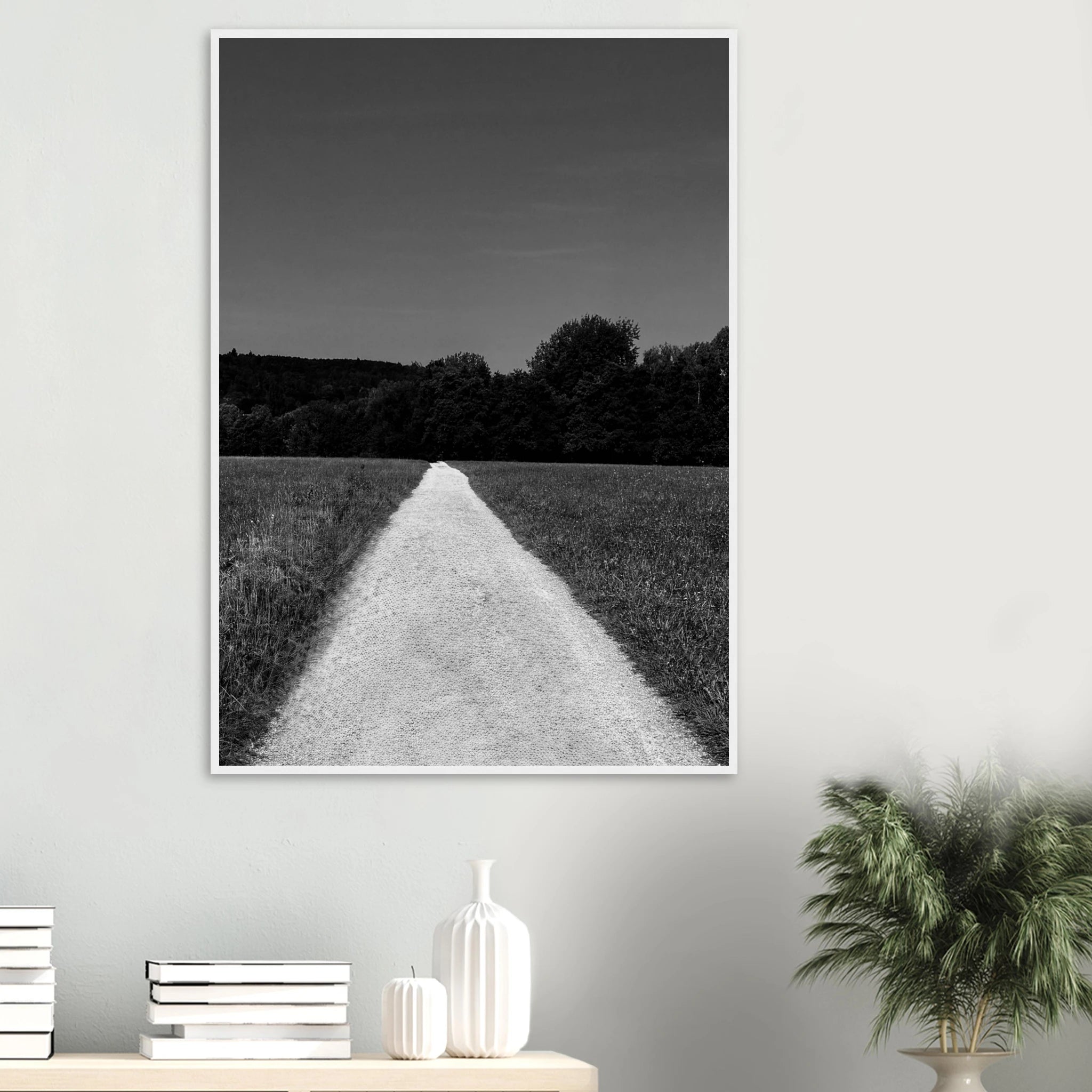 Black and white framed poster featuring a summer road scene on premium semi-glossy paper, part of the travel collection.