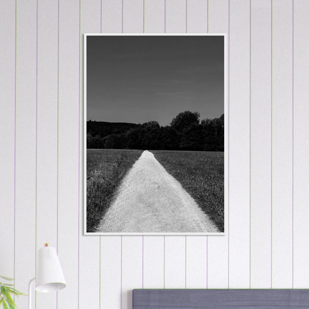 Black and white framed poster of a summer road scene on premium semi-glossy paper, part of the Travel Collection Studio Edition.
