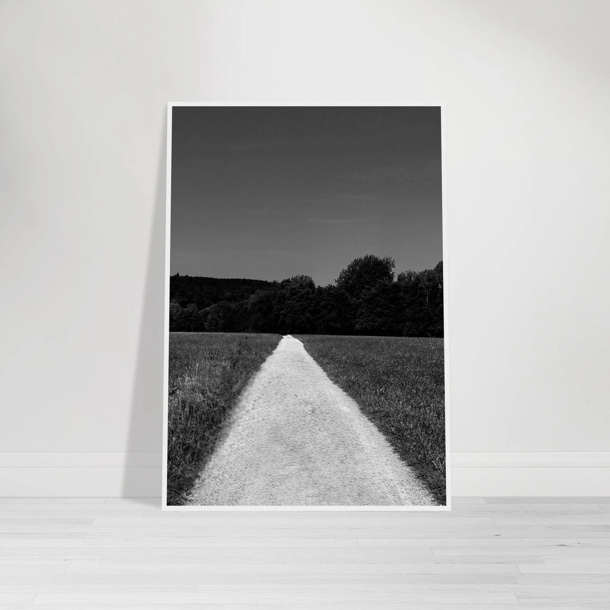 Black and white framed poster of a summer road scene, printed on premium semi-glossy paper, part of the Travel Collection.