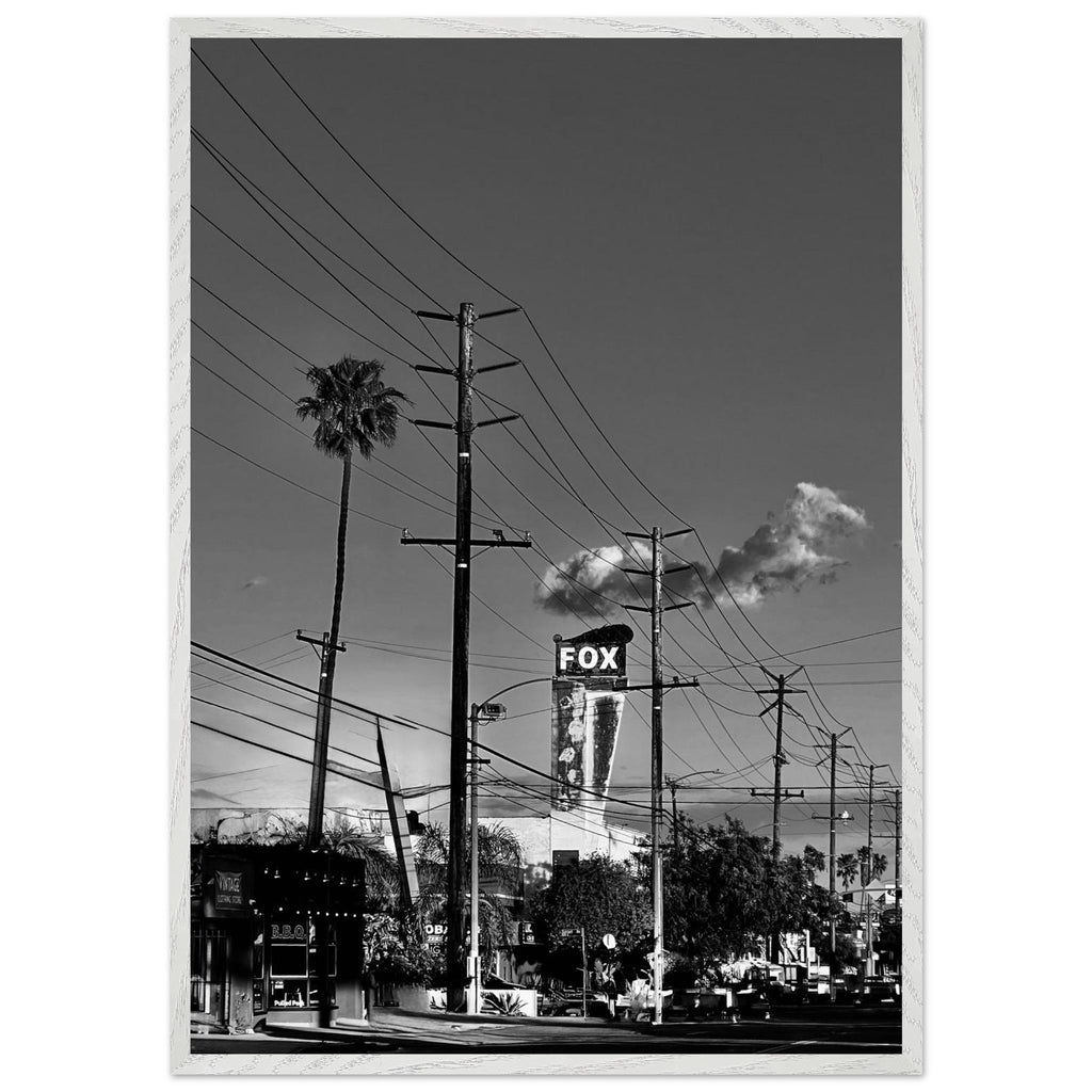 Natural wood-framed semi-glossy poster of iconic LA Westside Road, black and white California wall art, studio edition print.
