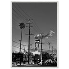 Natural wood-framed semi-glossy poster of iconic LA Westside Road, black and white California wall art, studio edition print.