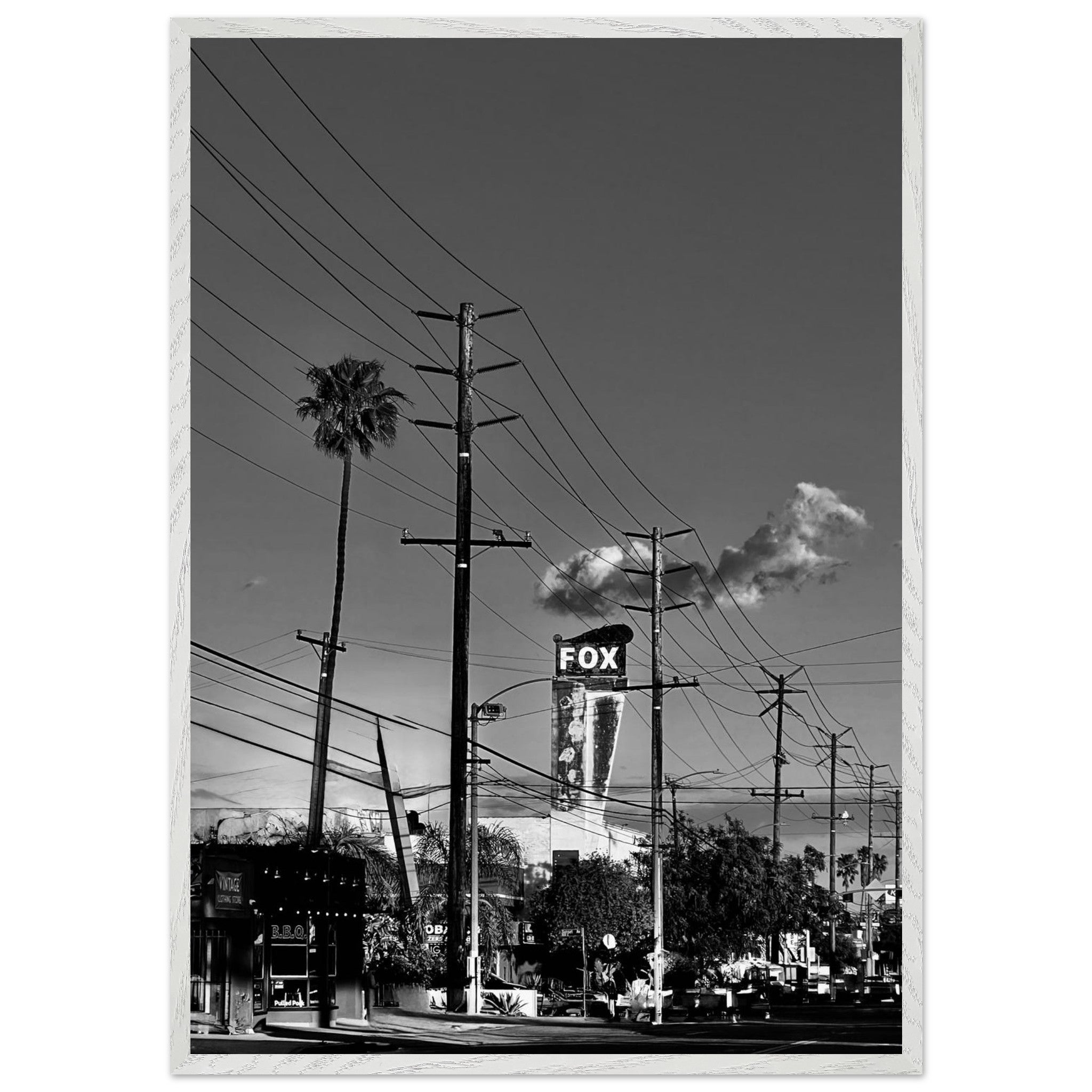 Natural wood-framed semi-glossy poster of iconic LA Westside Road, black and white California wall art, studio edition print.