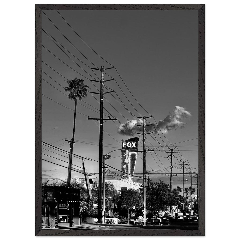 Natural wood-framed semi-glossy poster of iconic LA Westside Road, California wall art in black and white studio edition.