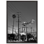 Natural wood-framed semi-glossy poster of iconic LA Westside Road, California wall art in black and white studio edition.