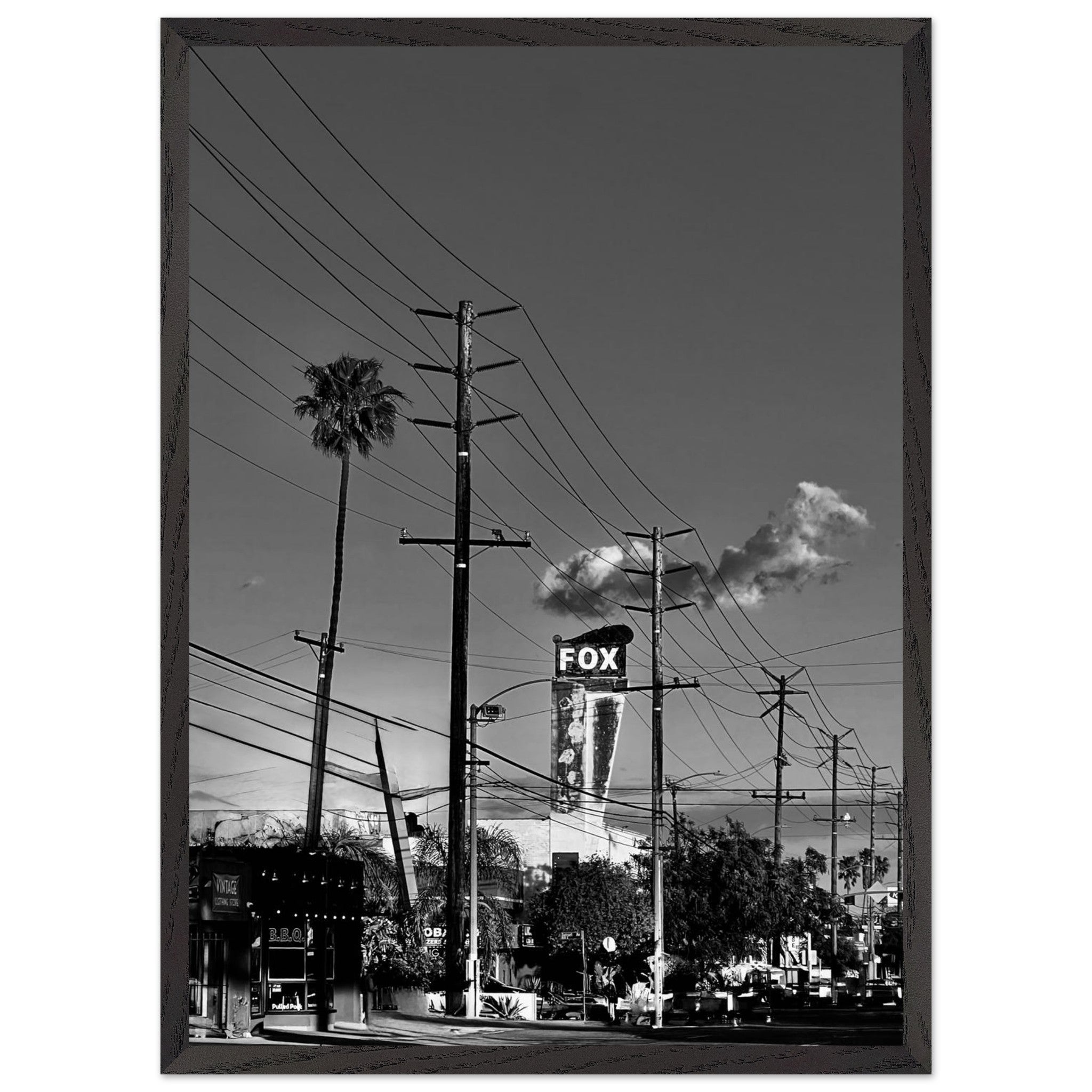 Natural wood-framed semi-glossy poster of iconic LA Westside Road, California wall art in black and white studio edition.