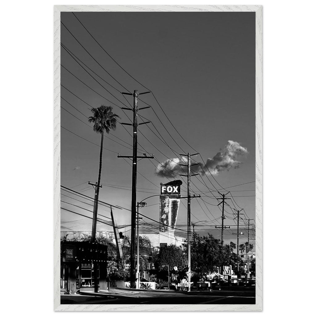 Natural wood-framed semi-glossy poster of iconic LA Westside Road, black and white California wall art print.
