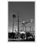 Natural wood-framed semi-glossy poster of iconic LA Westside Road, black and white California wall art print.