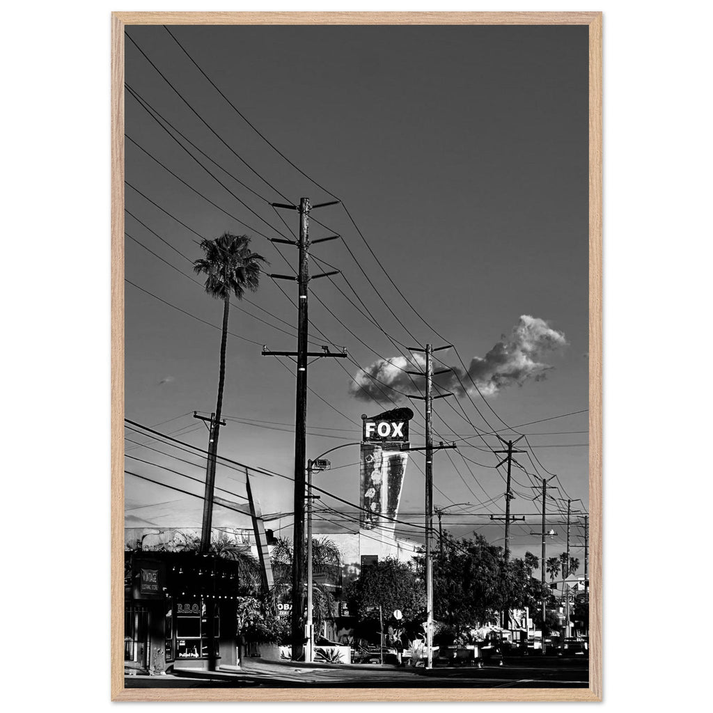 Natural wood-framed semi-glossy poster of iconic LA Westside Road, black and white California wall art print.