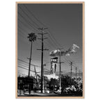 Natural wood-framed semi-glossy poster of iconic LA Westside Road, black and white California wall art print.