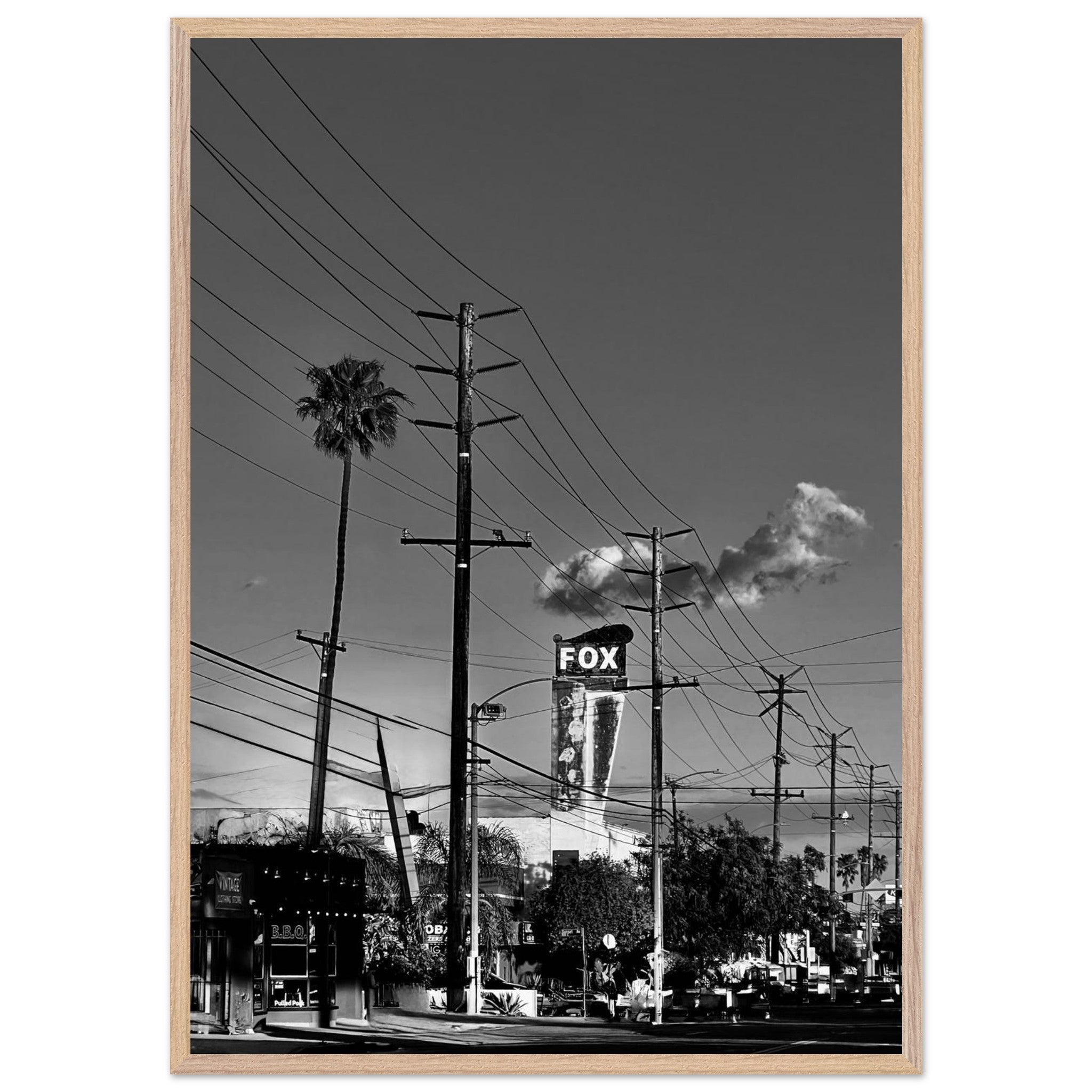 Natural wood-framed semi-glossy poster of iconic LA Westside Road, black and white California wall art print.