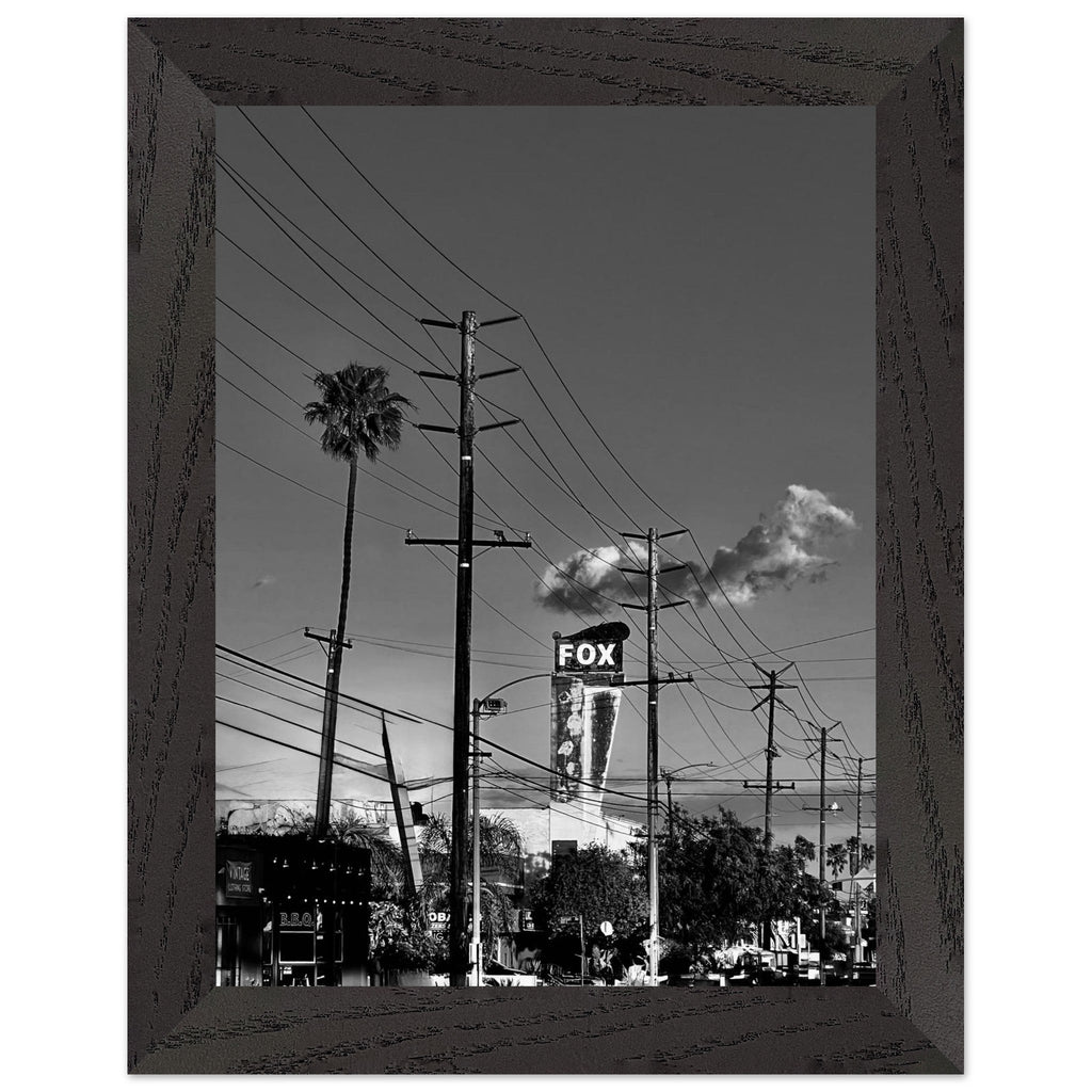 Natural wood-framed semi-glossy poster of iconic LA Westside Road, black and white California wall art print.