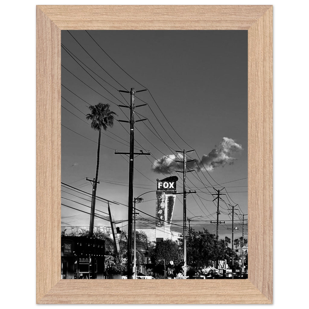 Natural wood framed semi-glossy print of iconic LA Westside Road wall art, black and white California poster from Studio Edition series