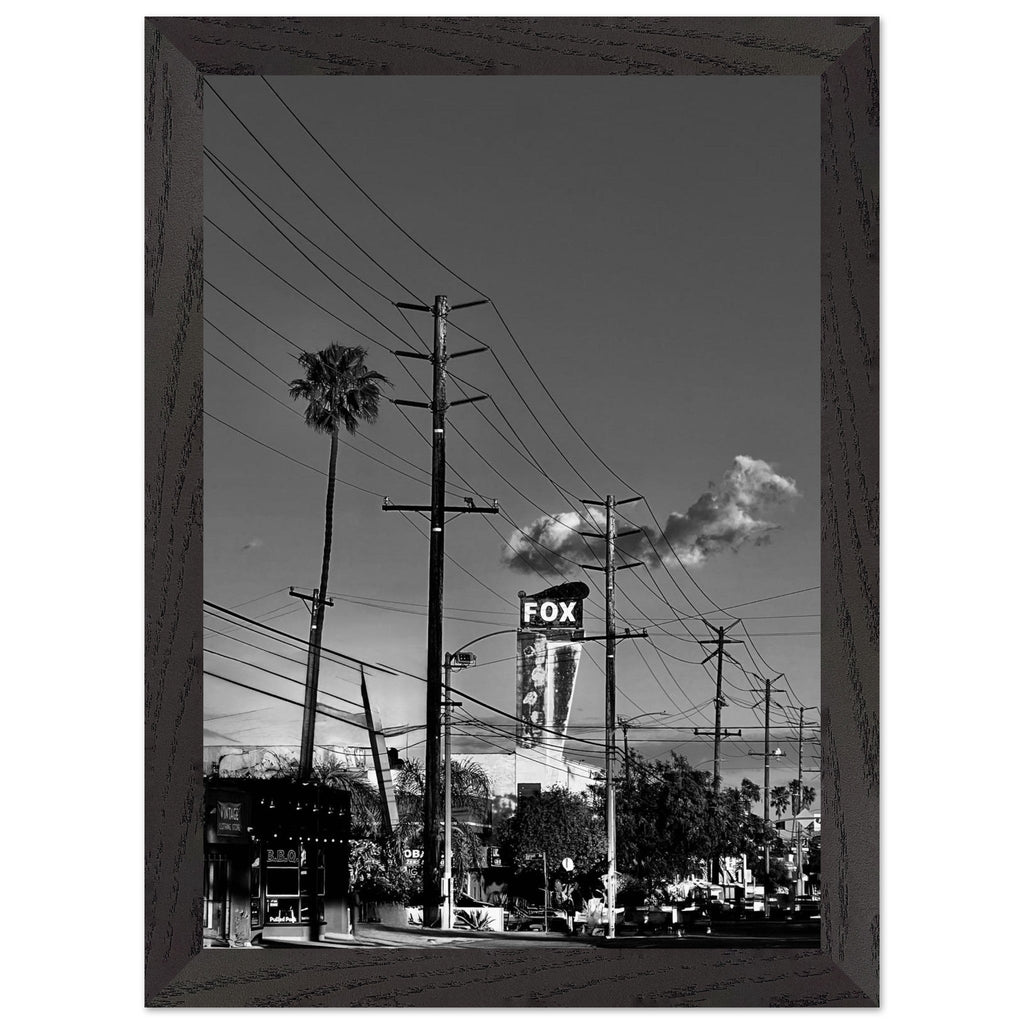 Natural wood-framed semi-glossy poster of iconic LA Westside Road, black and white California wall art print.