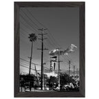 Natural wood-framed semi-glossy poster of iconic LA Westside Road, black and white California wall art print.