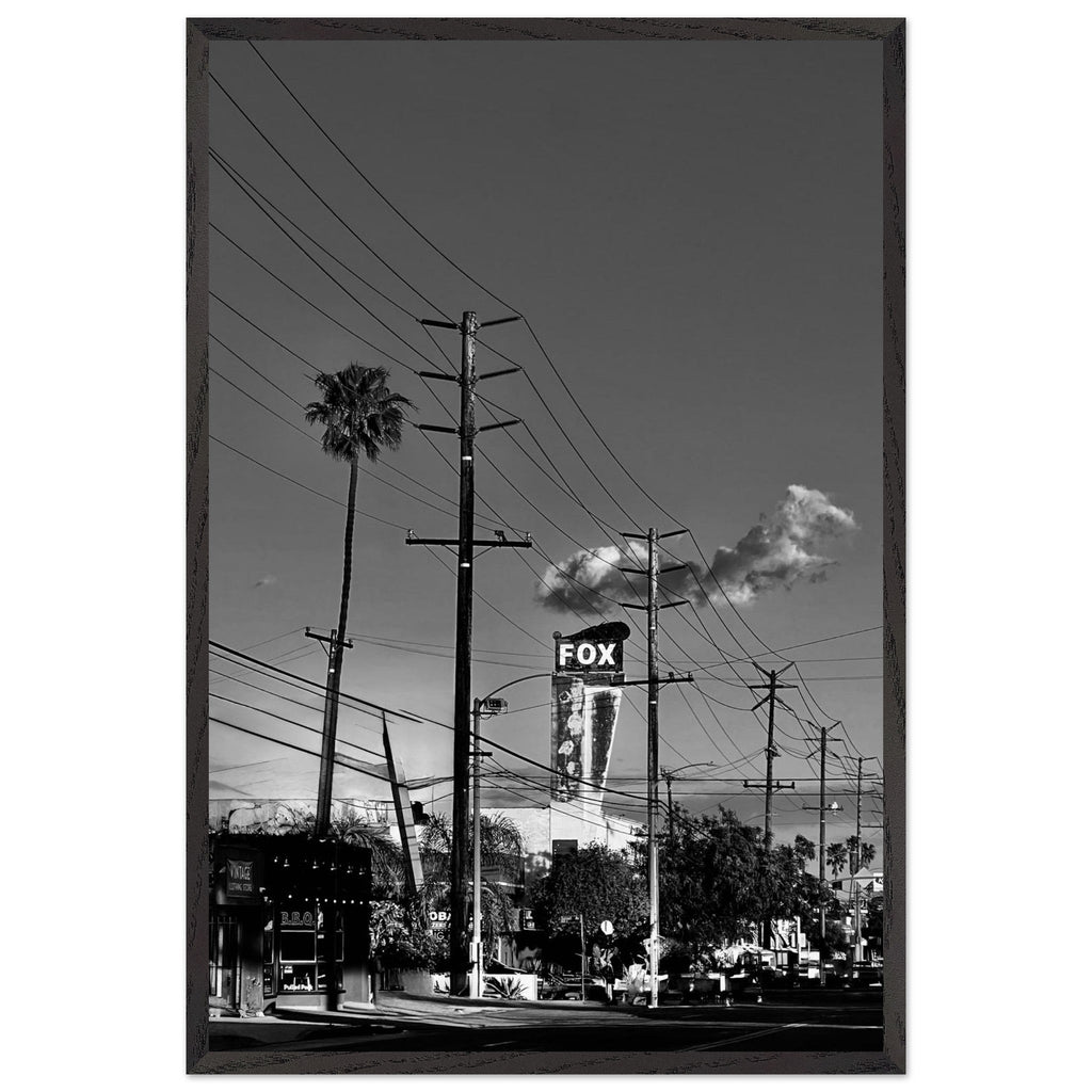 Natural wood-framed semi-glossy poster of iconic LA Westside Road, black and white California wall art print, studio edition.