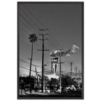 Natural wood-framed semi-glossy poster of iconic LA Westside Road, black and white California wall art print, studio edition.