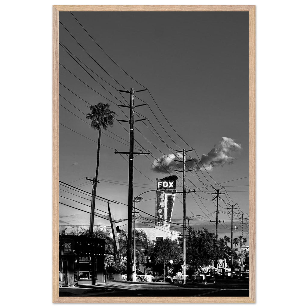 Natural wood-framed semi-glossy print of iconic LA Westside Road wall art, black and white California poster from Studio Edition series.