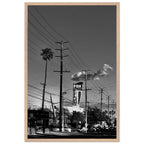 Natural wood-framed semi-glossy print of iconic LA Westside Road wall art, black and white California poster from Studio Edition series.