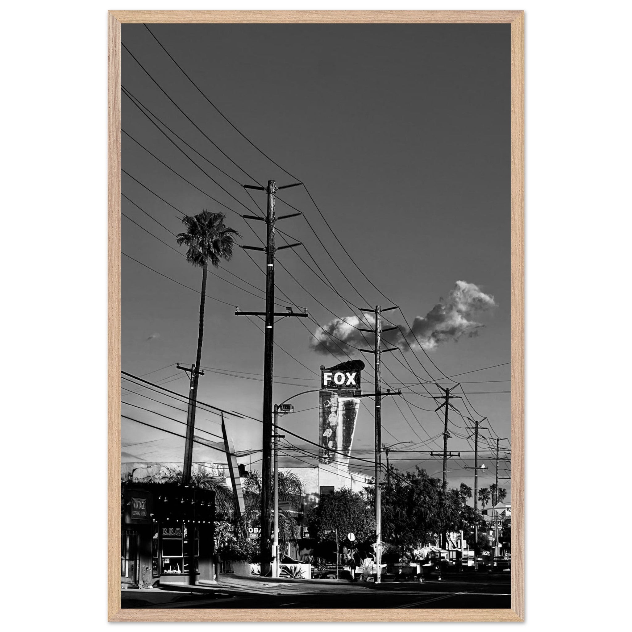 Natural wood-framed semi-glossy print of iconic LA Westside Road wall art, black and white California poster from Studio Edition series.