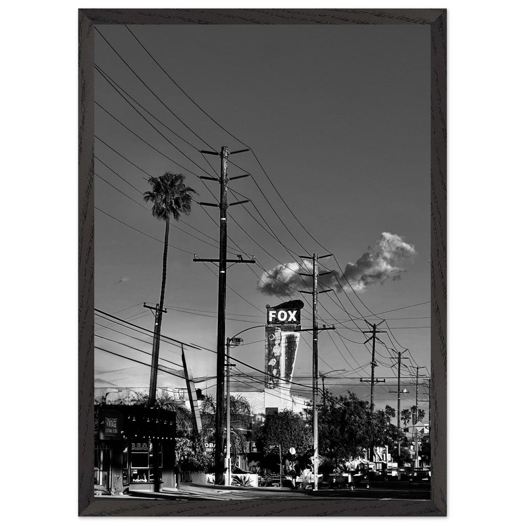 Natural wood-framed semi-glossy poster of iconic LA Westside Road, black and white California wall art print.