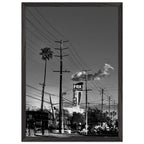 Natural wood-framed semi-glossy poster of iconic LA Westside Road, black and white California wall art print.