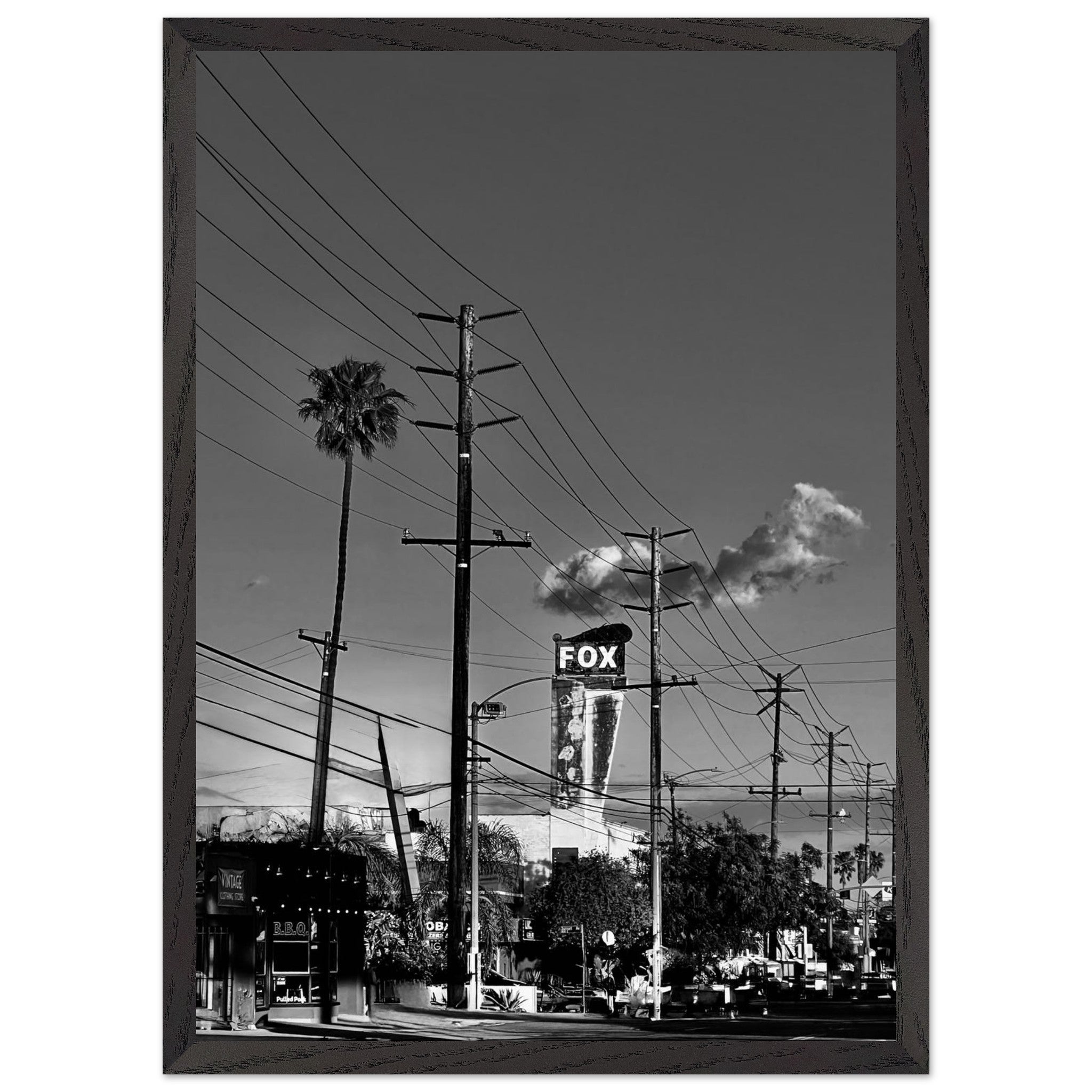 Natural wood-framed semi-glossy poster of iconic LA Westside Road, black and white California wall art print.