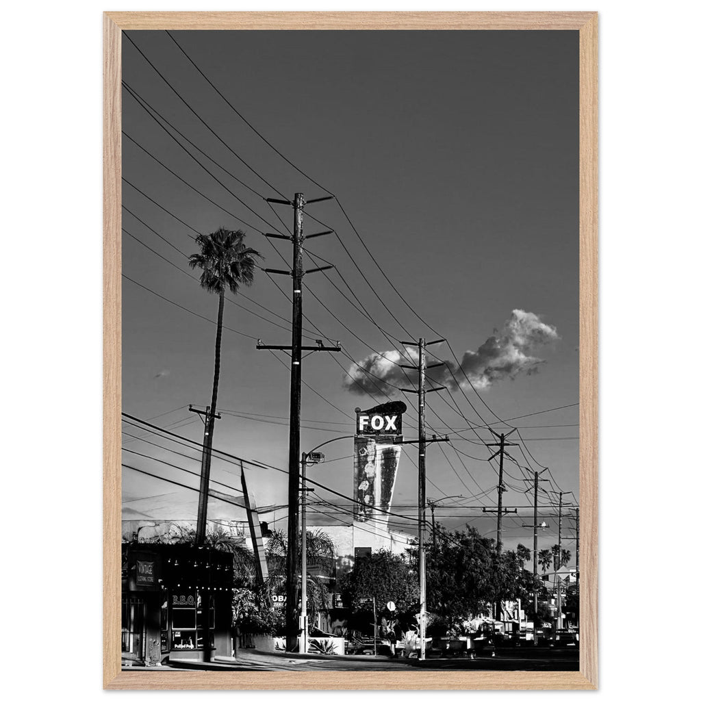 Natural wood-framed semi-glossy print of iconic LA Westside Road wall art in black and white, part of California poster art series.