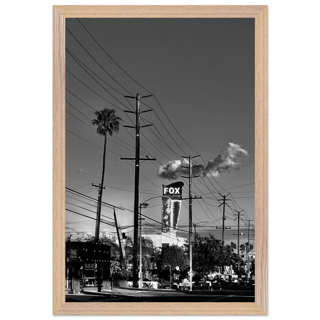 Natural wood-framed semi-glossy poster of iconic LA Westside Road, black and white California wall art print, studio edition.