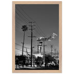 Natural wood-framed semi-glossy poster of iconic LA Westside Road, black and white California wall art print, studio edition.