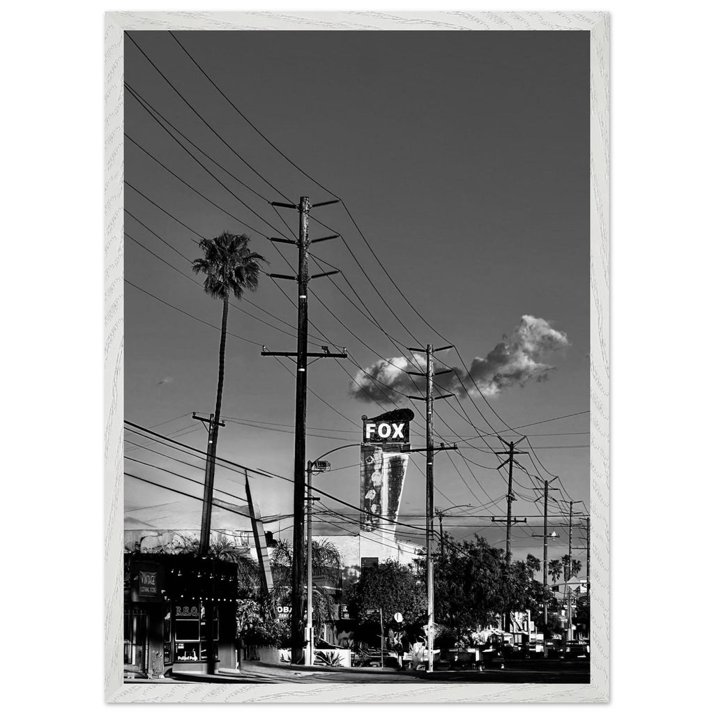 Natural wood-framed semi-glossy poster of iconic LA Westside Road, black and white California wall art print.
