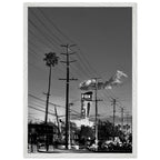 Natural wood-framed semi-glossy poster of iconic LA Westside Road, black and white California wall art print.