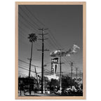 Natural wood-framed semi-glossy poster of iconic LA Westside Road, elegant black and white California wall art print.