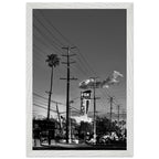 Natural wood-framed semi-glossy poster of iconic LA Westside Road, black and white California wall art print.