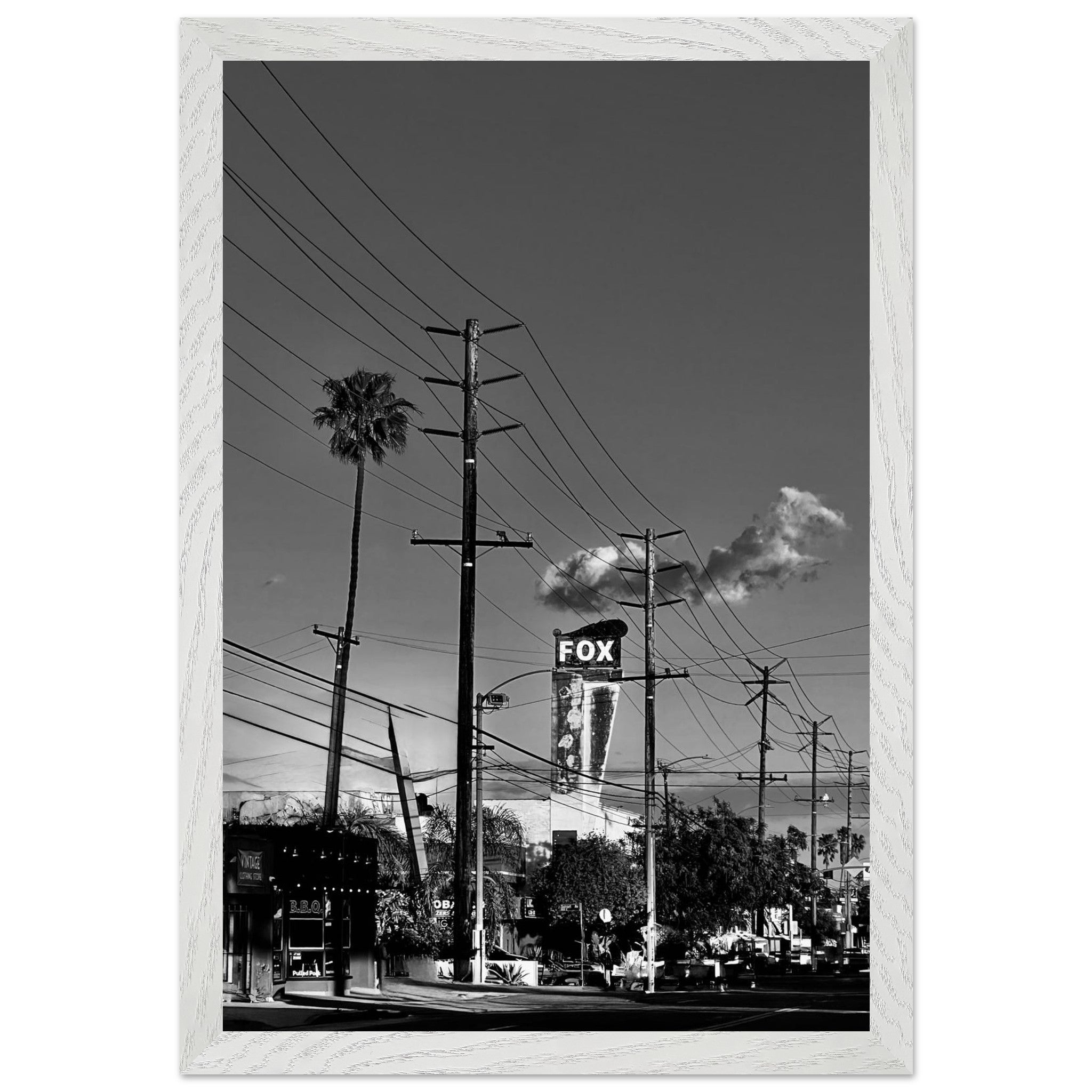 Natural wood-framed semi-glossy poster of iconic LA Westside Road, black and white California wall art print.