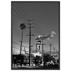 Natural wood-framed semi-glossy poster of iconic LA Westside Road, black and white California wall art print.