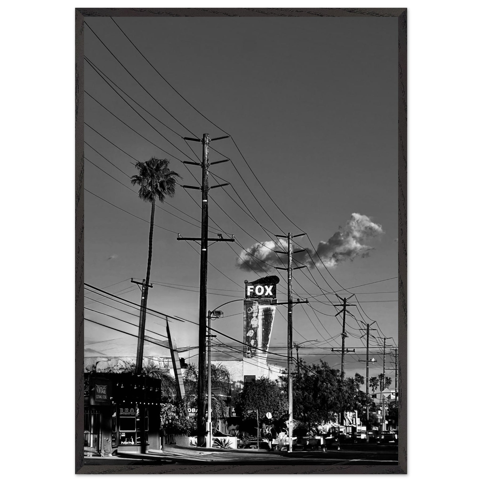 Natural wood-framed semi-glossy poster of iconic LA Westside Road, black and white California wall art print.