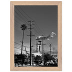 Natural wood-framed semi-glossy poster of iconic LA Westside Road, elegant black and white California wall art print.
