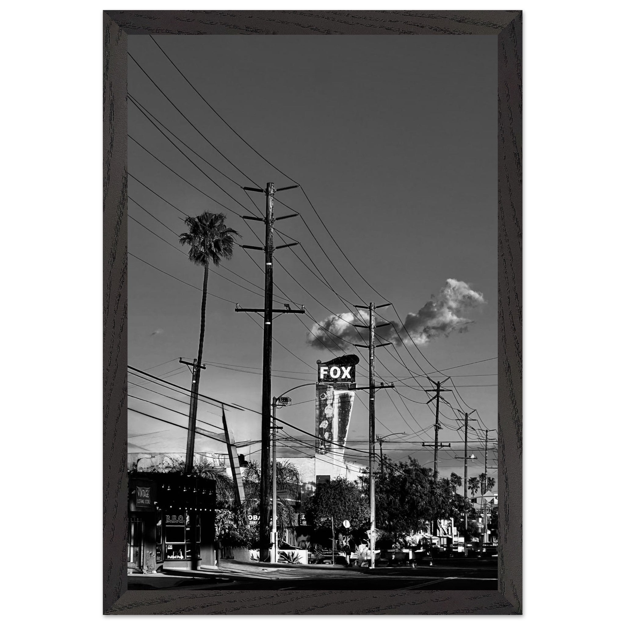 Natural wood-framed semi-glossy poster of iconic LA Westside Road, black and white California wall art, Studio Edition print.