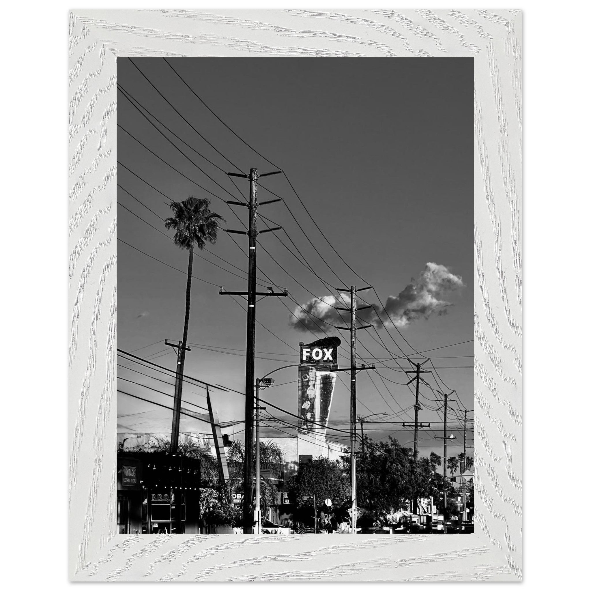 Natural wood-framed semi-glossy poster of iconic LA Westside Road wall art, California black and white studio edition print.