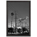 Natural wood-framed semi-glossy poster of iconic LA Westside Road, black and white California wall art print.