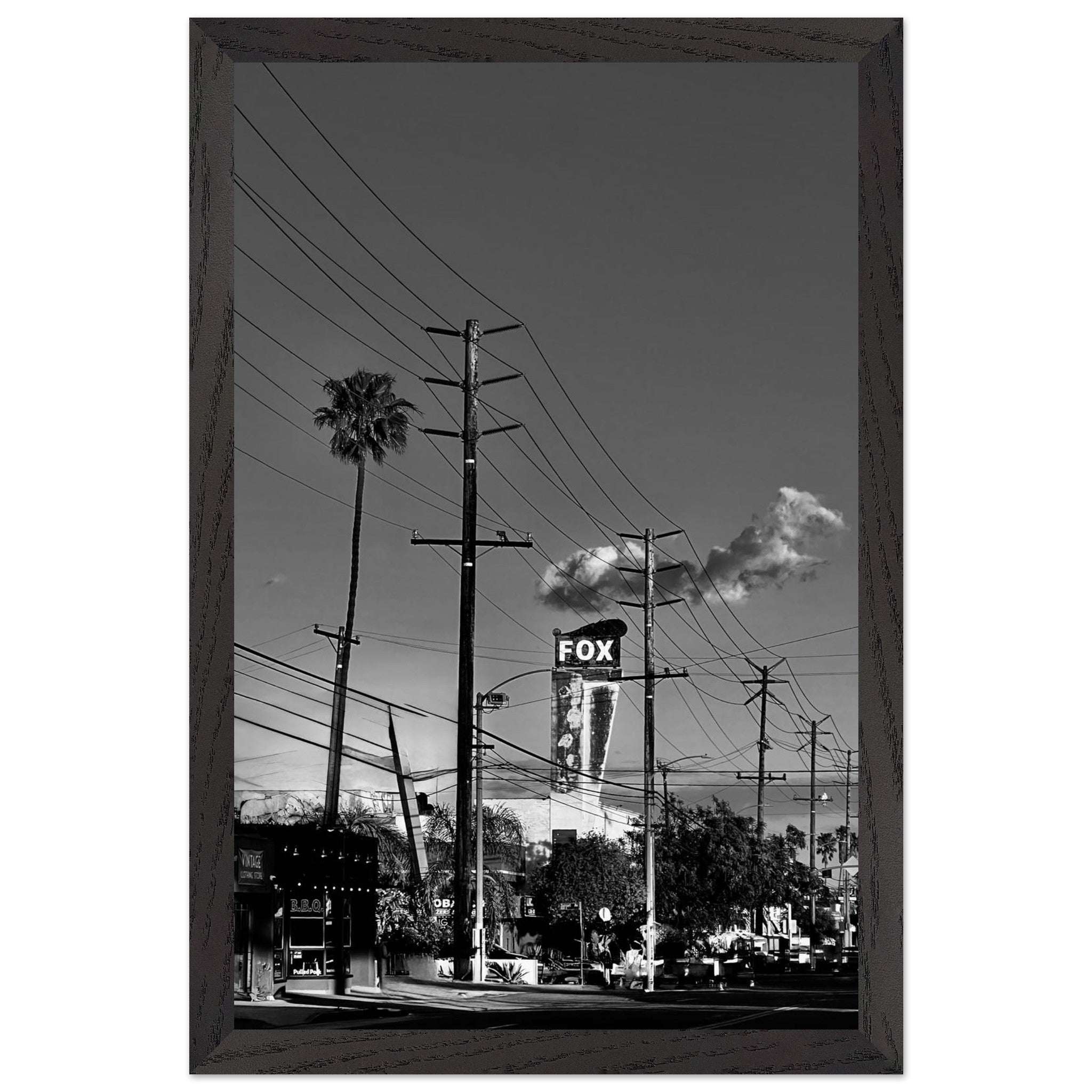 Natural wood-framed semi-glossy poster of iconic LA Westside Road, black and white California wall art print.