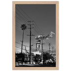 Natural wood-framed semi-glossy poster of iconic LA Westside Road, elegant black and white California wall art print.